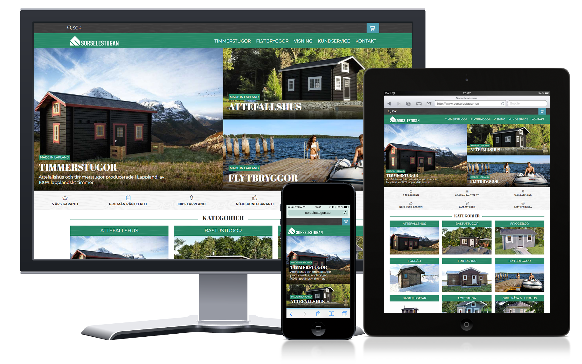 Mockup som visar Sorselestugans hemsida på en laptop, padda och telefon
