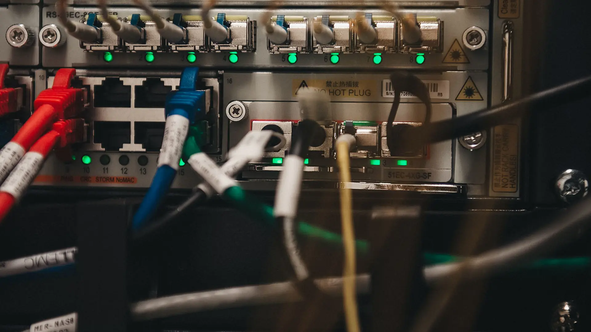 Många olika kablar som sitter i en server