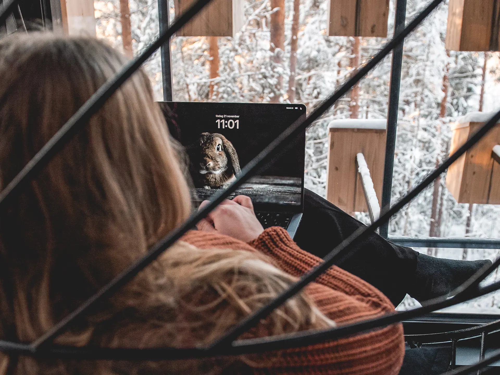 Kvinna som sitter i förgrunden med en laptop framför sig