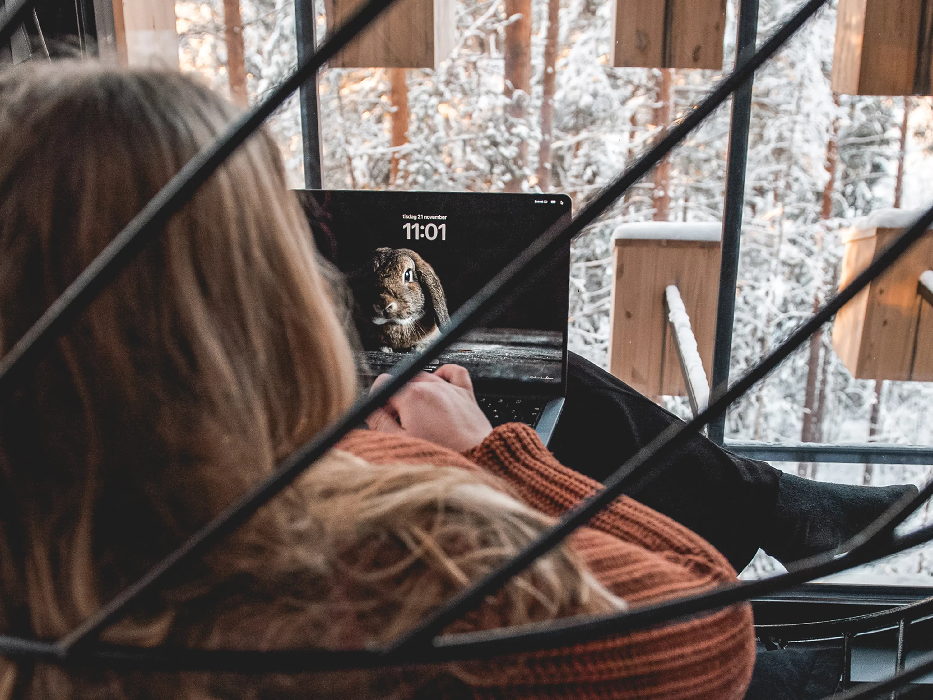 Kvinna som sitter i förgrunden med en laptop framför sig