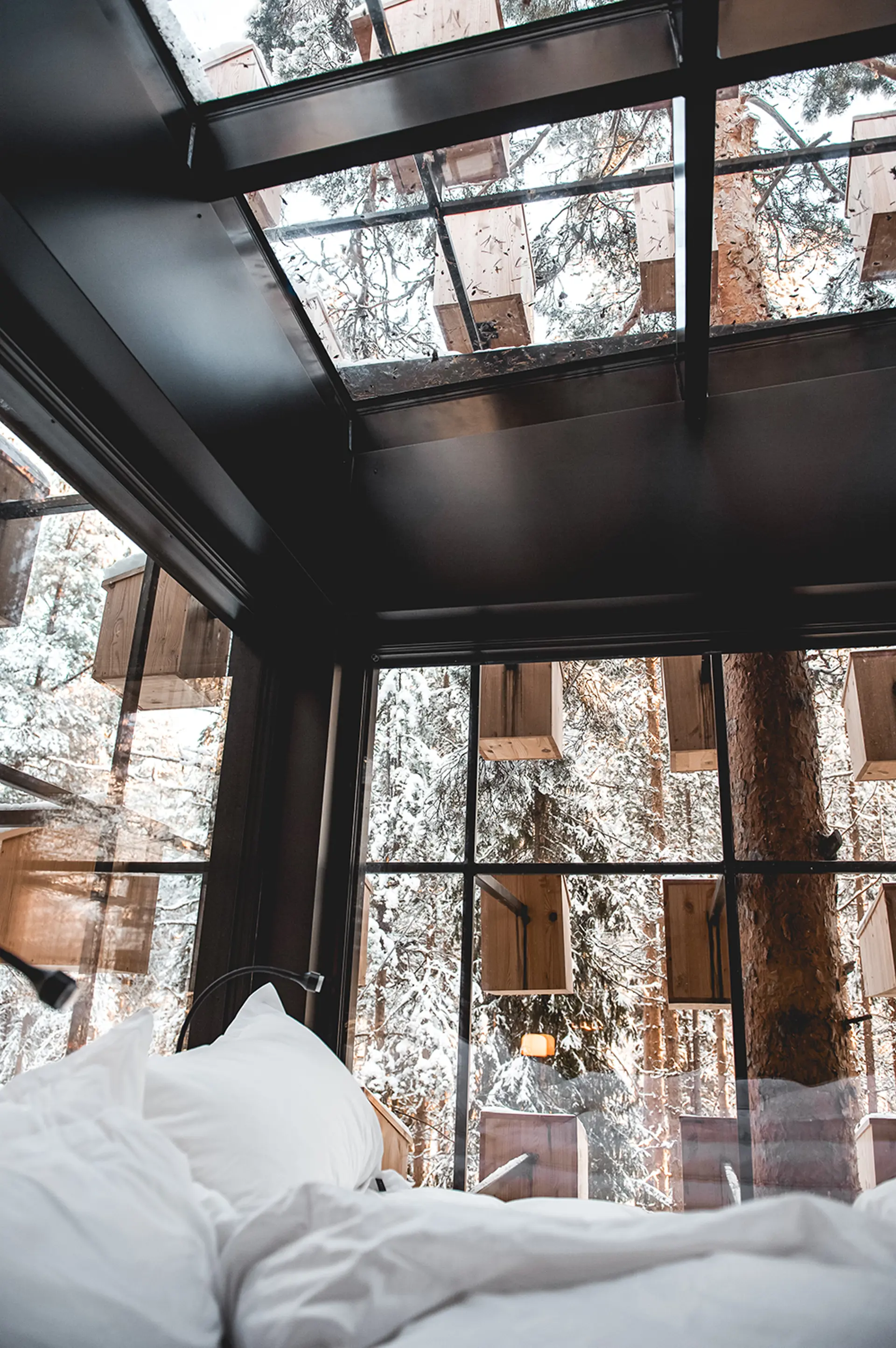 Hotellrum med vy över glastäckt tak och fönster