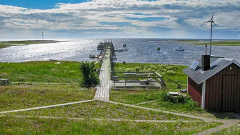 Sommarvy över vatten med en brygga som går långt ut i vattnet