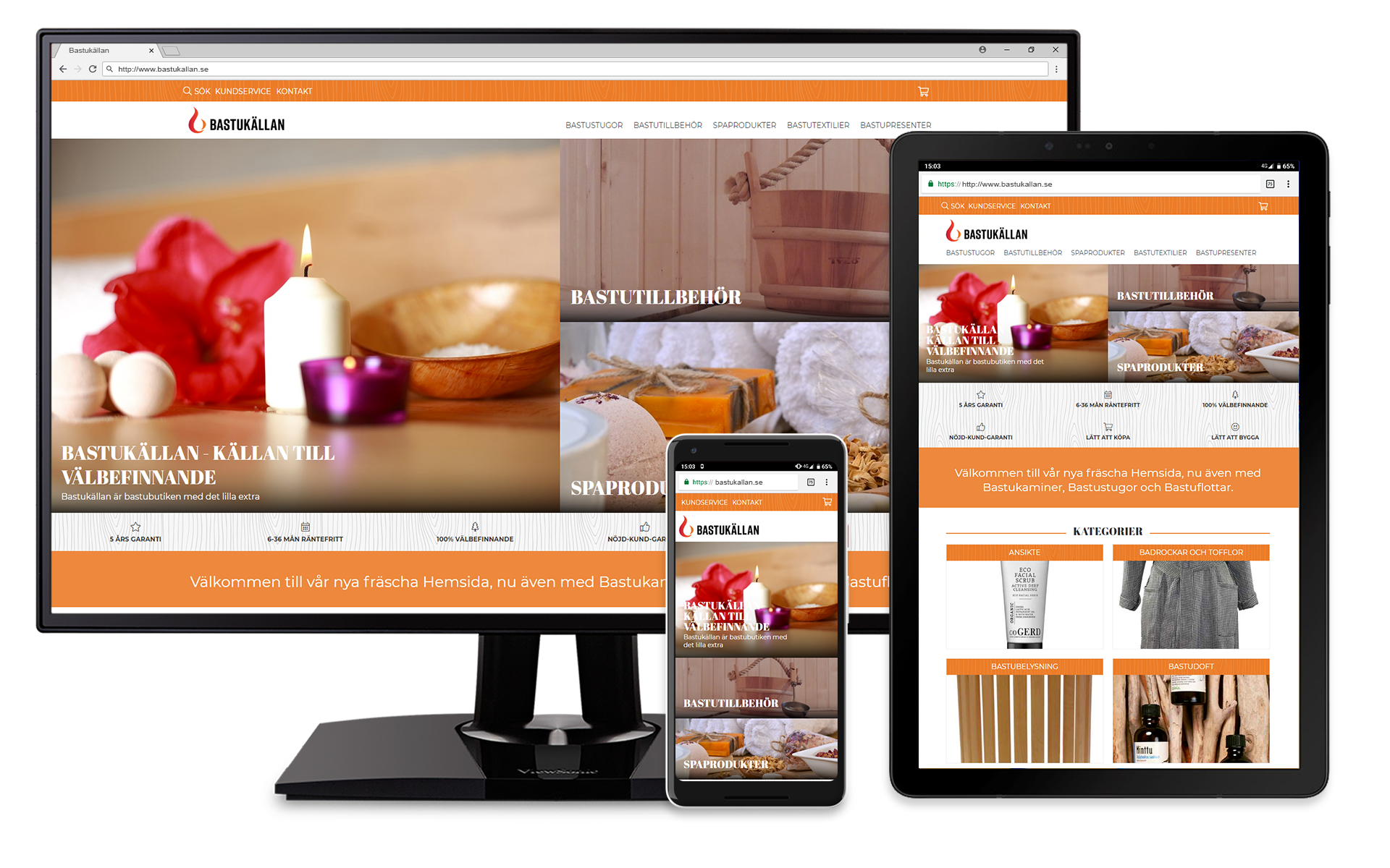 Mockup som visar Bastukällans hemsida på laptop, padda och telefon